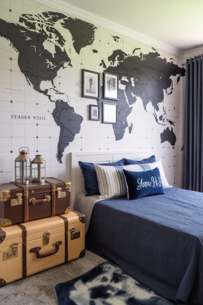 Travel-inspired men's bedroom with maps.