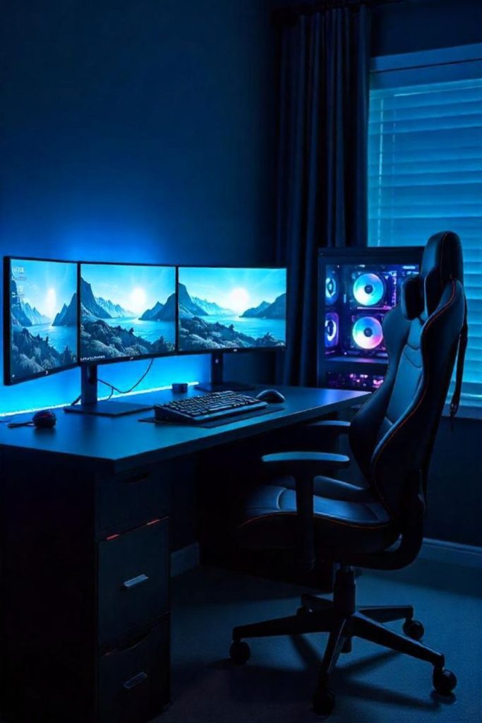 Triple monitor immersive gaming setup.