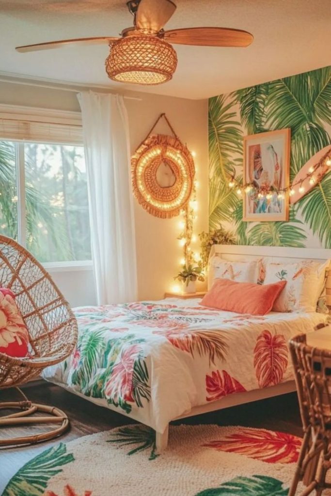 Tropical teen bedroom with palm décor.