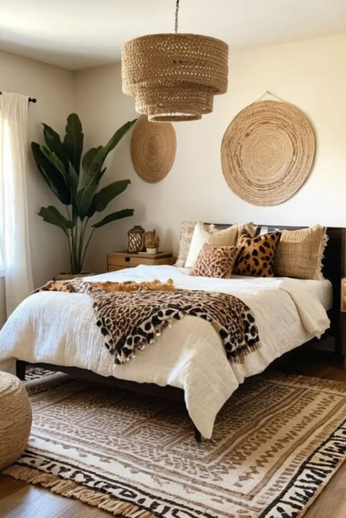 Tropical leopard bedroom with palm décor.