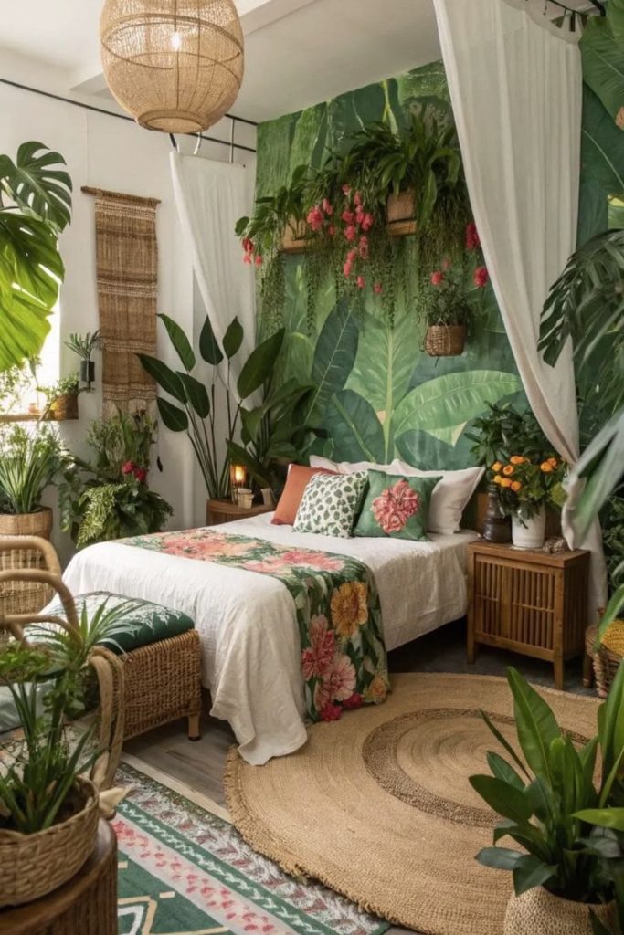 Tropical colourful millennium inspired bedroom.