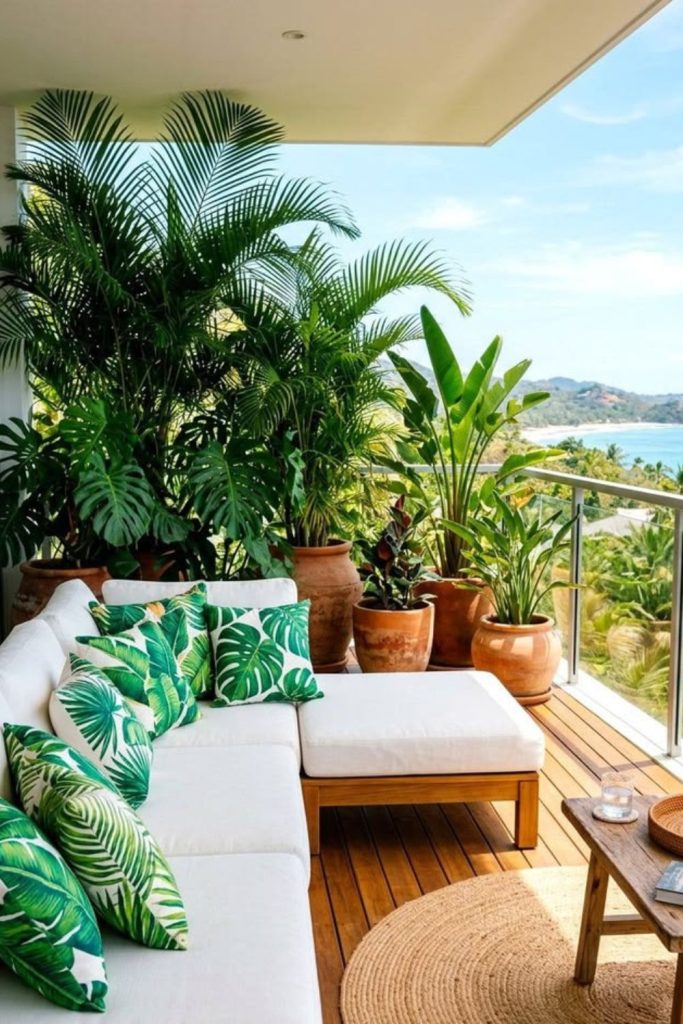 Tropical bedroom balcony with lush palms.