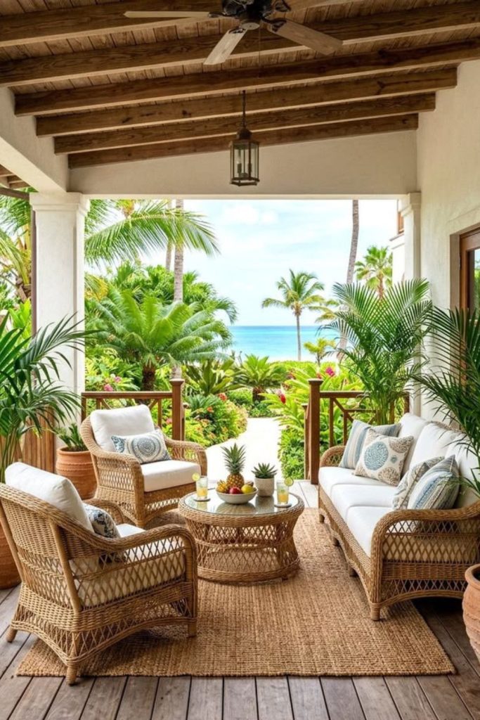 Tropical covered porch with palm decor.