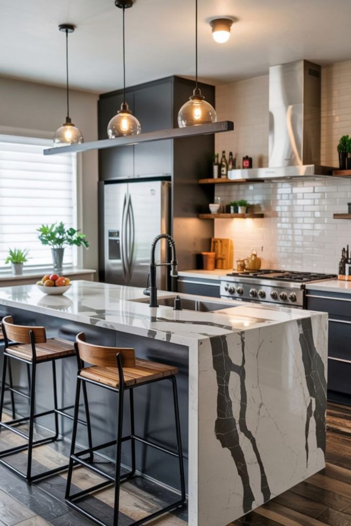 Two-tone kitchen island with sink.
