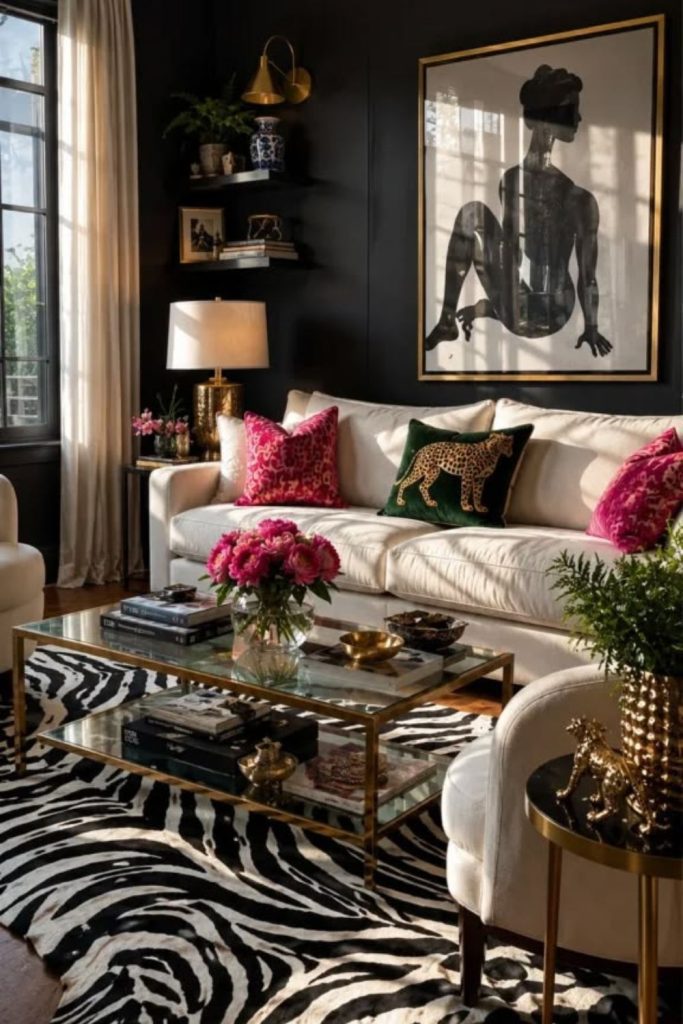 Industrial loft cheetah modern living room.