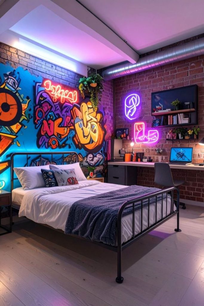 Industrial loft teen room with brick.