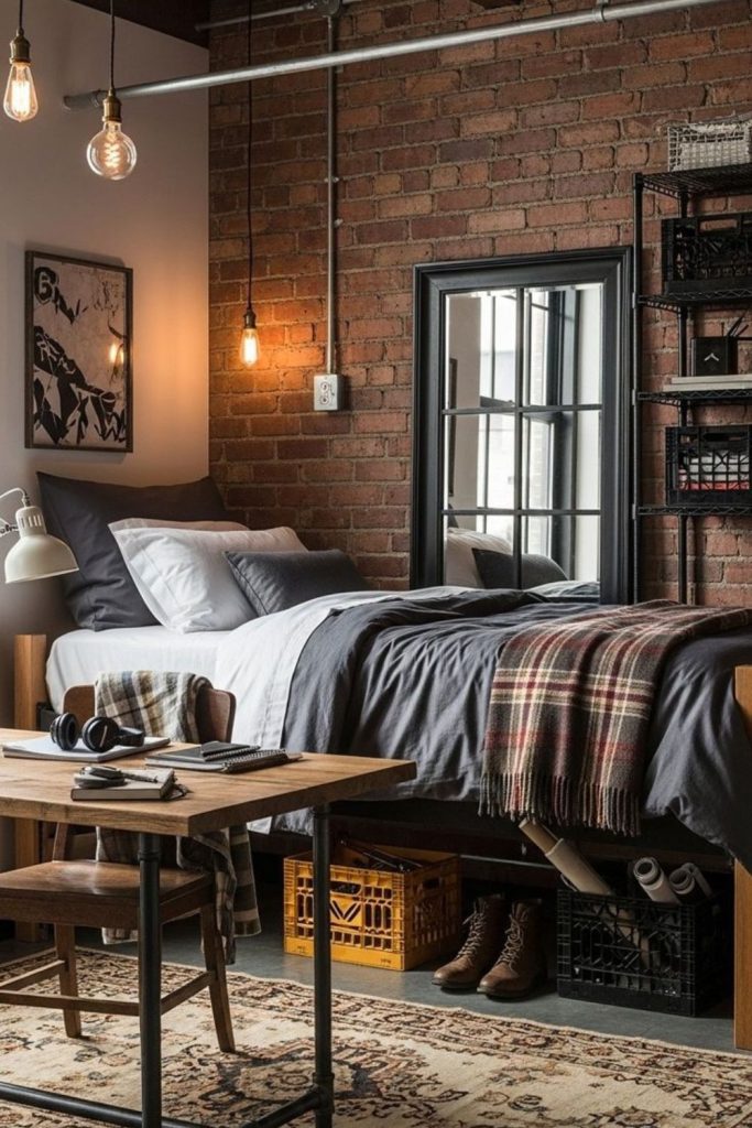 Urban loft-inspired boys dorm room decor.