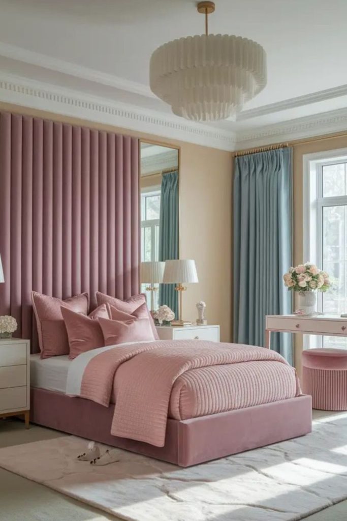Luxurious velvet upholstered modern bed design.