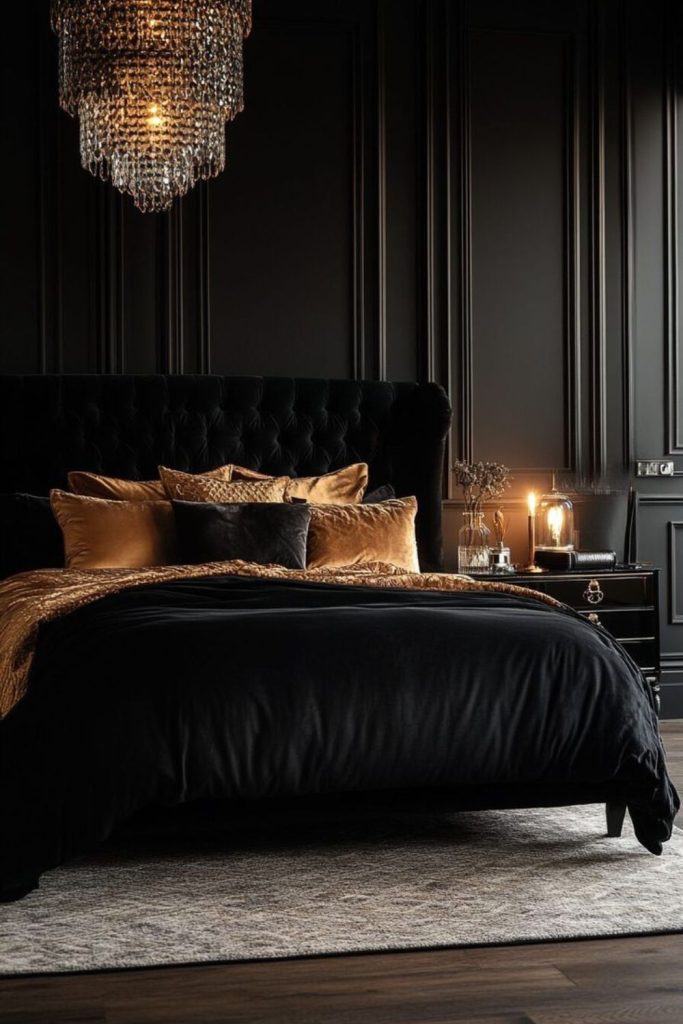 Elegant black and gold Art Deco bedroom.