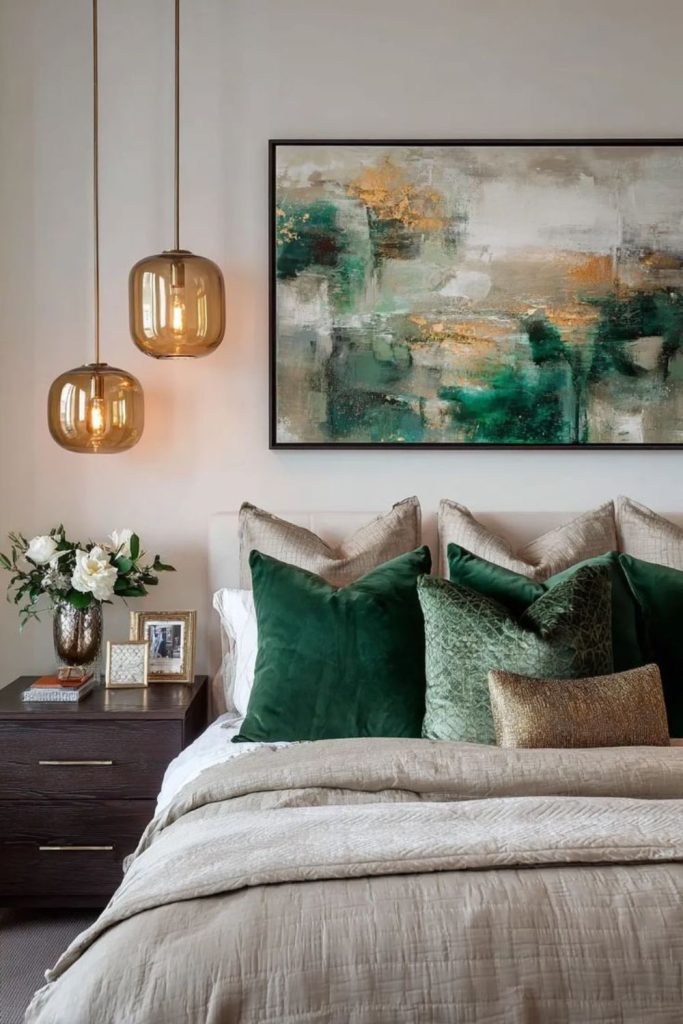 Emerald velvet cushions with brass lamp.
