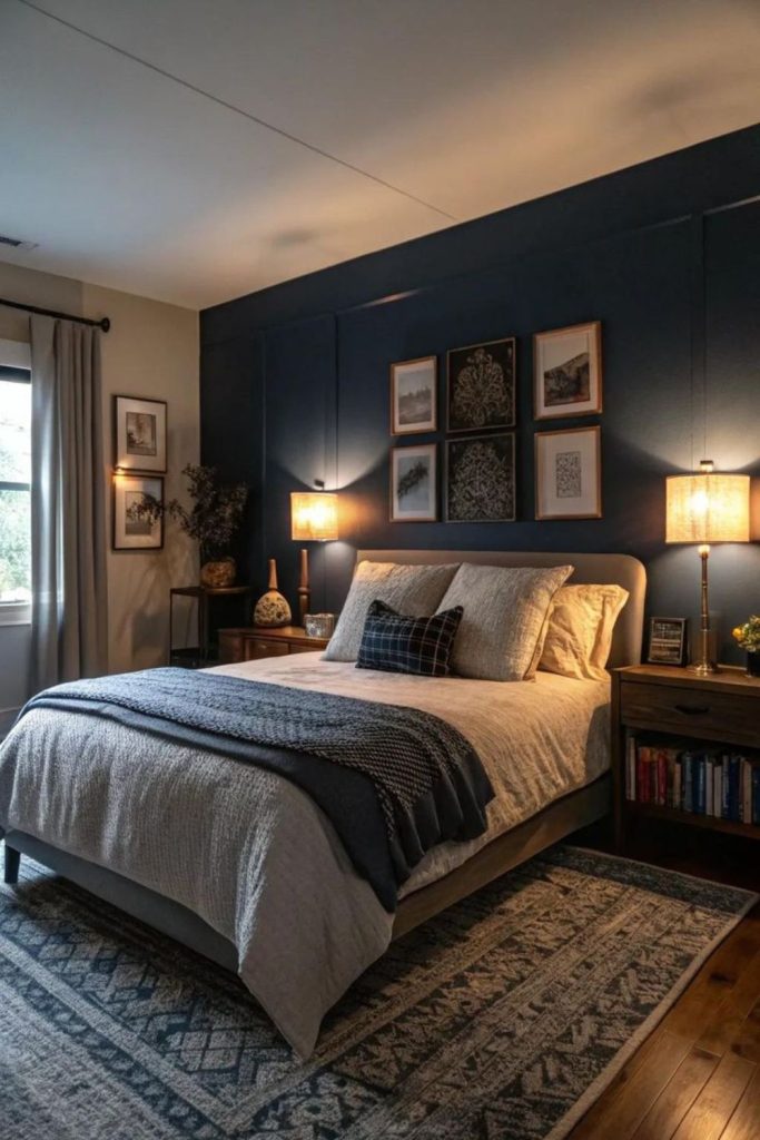 Navy velvet bedroom with gold details.