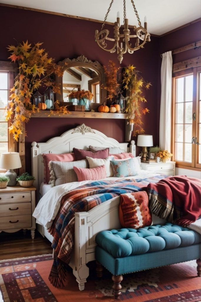 Vintage romantic fall bedroom decor.