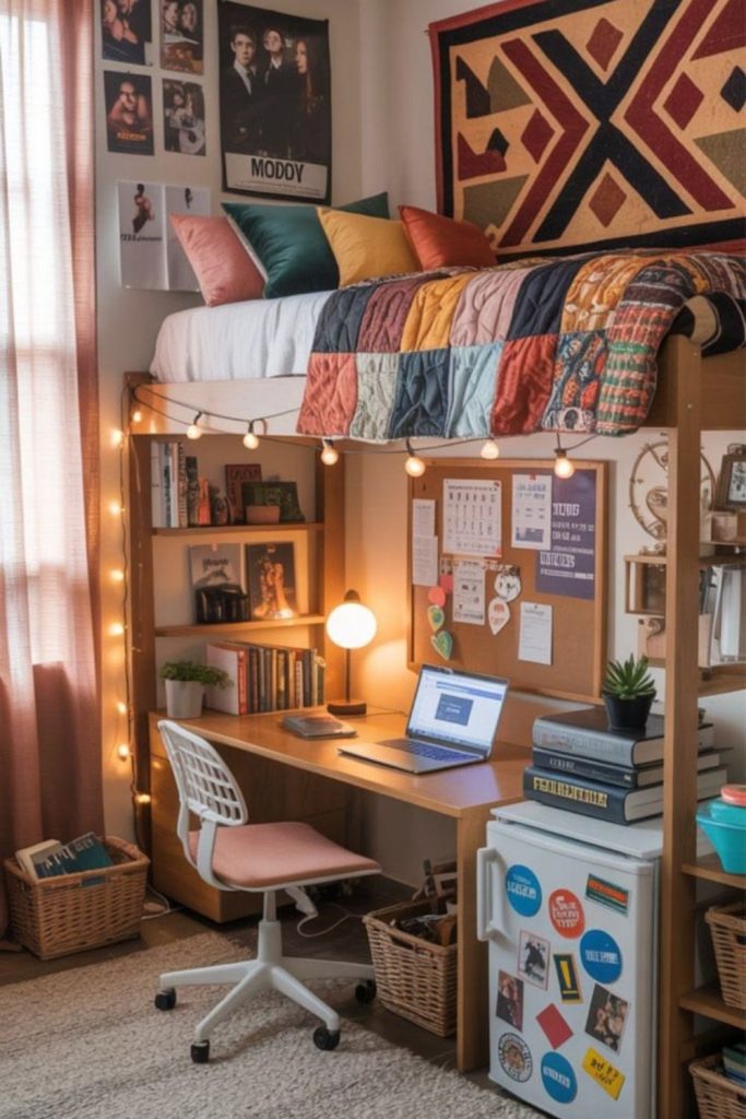 Vintage college lofted dorm room.