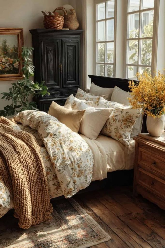 Vintage floral quilt cottage bedroom style.