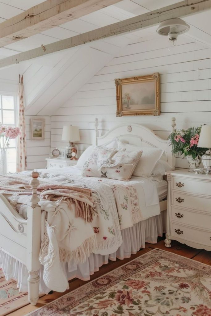 Vintage cottage bedroom with floral charm.