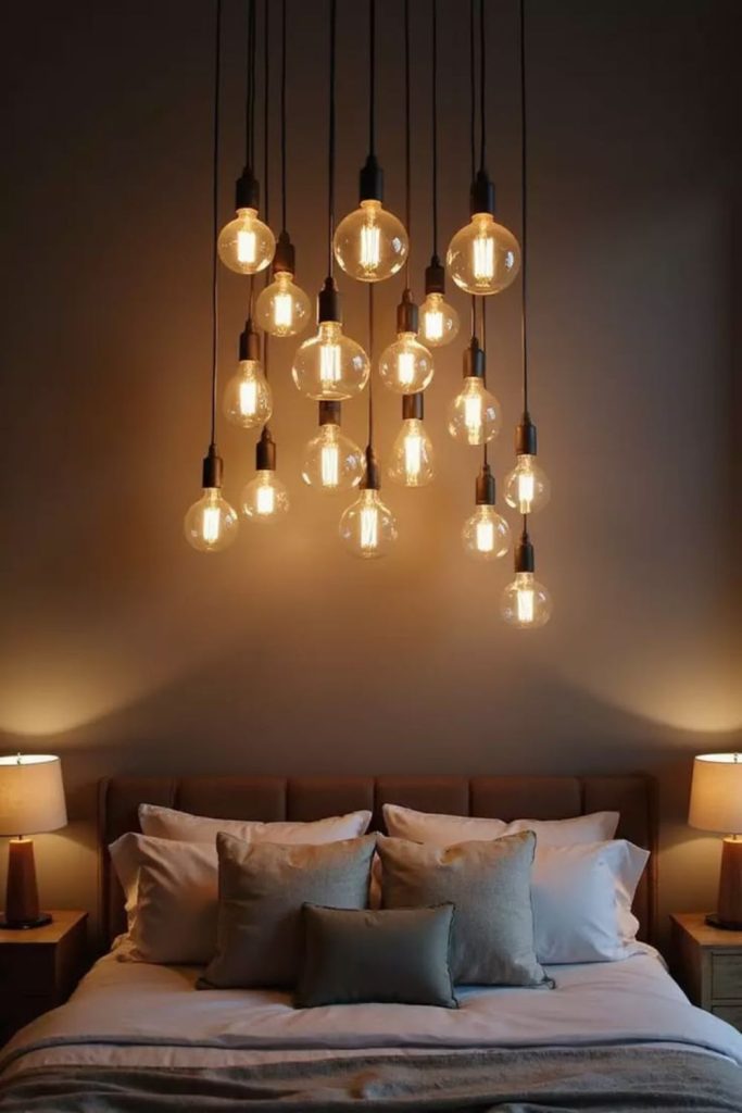 Vintage Edison bulbs creating warm ambiance.