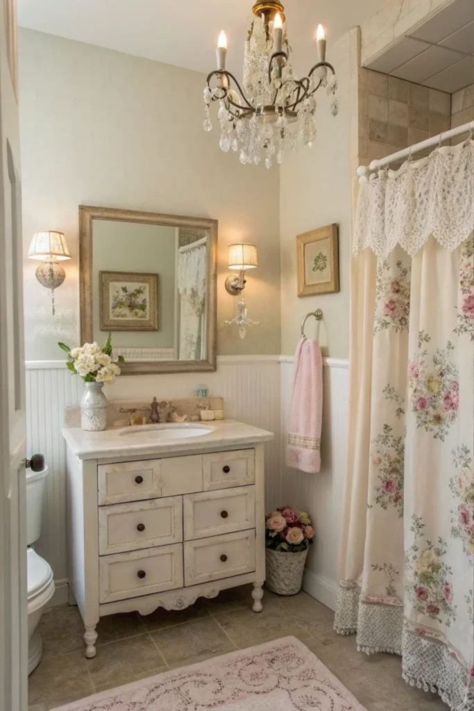 Vintage floral tiny bathroom design.