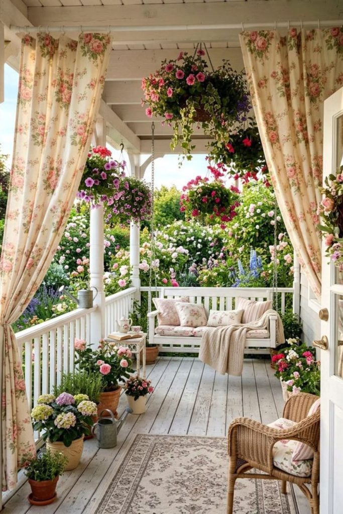Vintage floral covered porch with greenery.