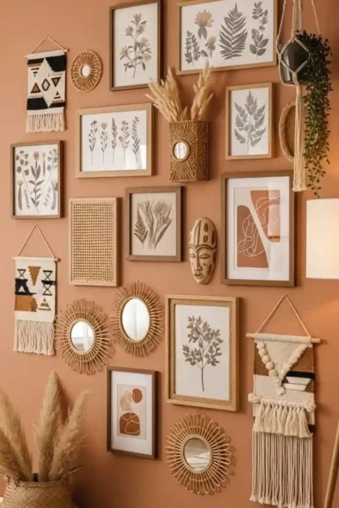 Vintage picture frames forming gallery wall.