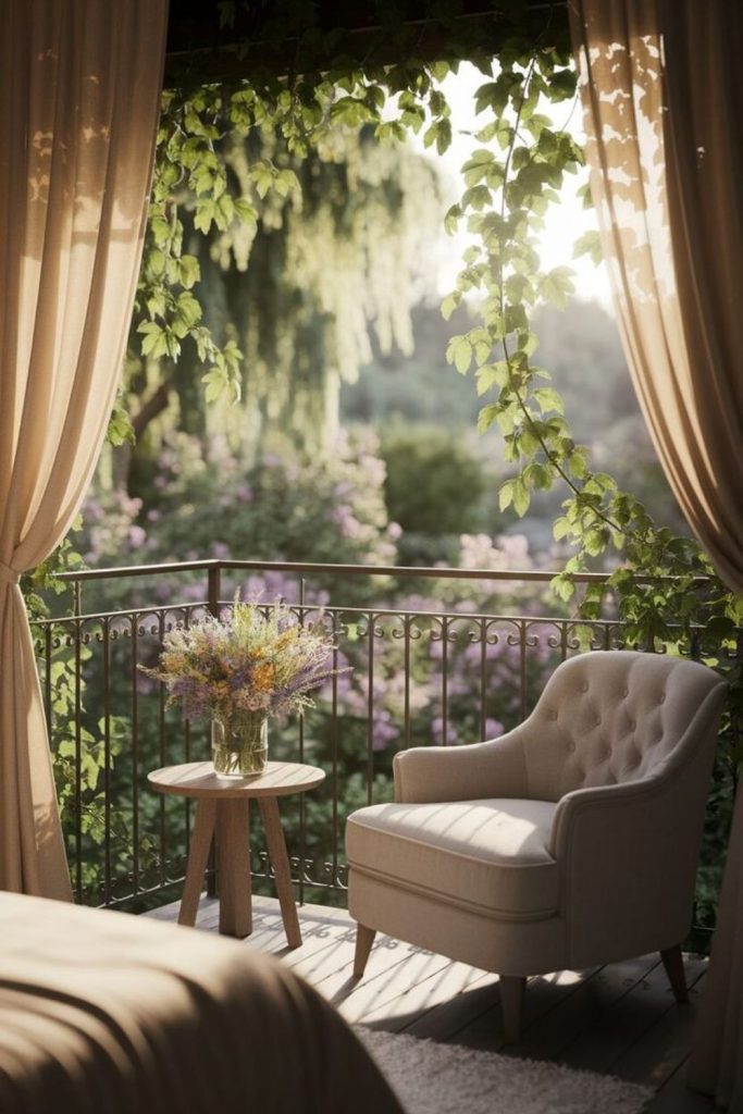 Vintage garden bedroom balcony with ivy.