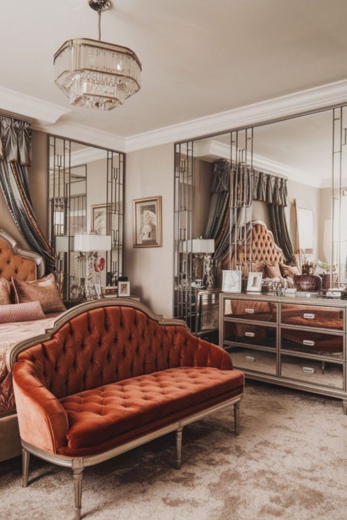 Crystal chandelier above jewel toned furnishings.