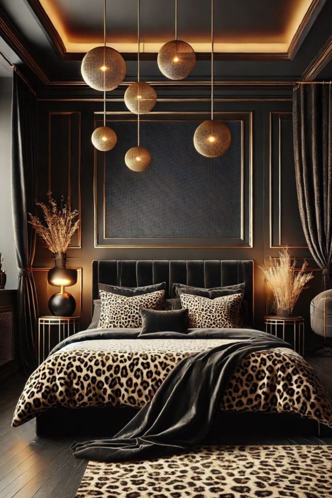 Vintage leopard bedroom with floral wallpaper.