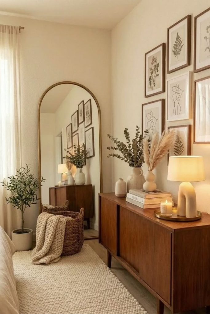 Vintage mirror above elegant console table.