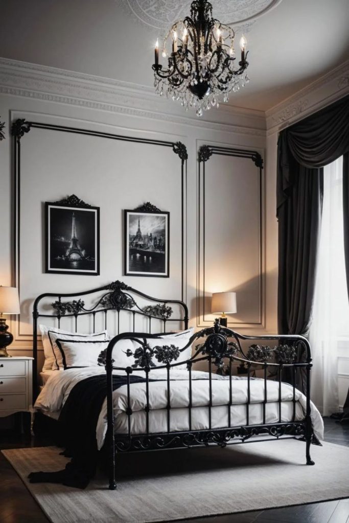 Vintage black botanical conservatory bedroom design.