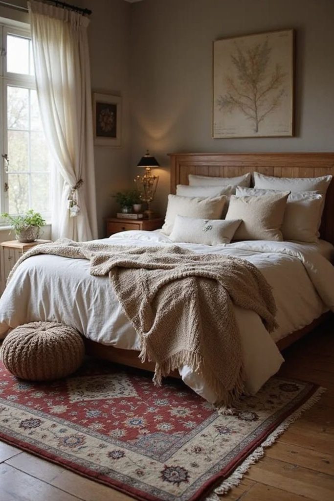 Vintage Persian inspired bedroom carpet pattern.