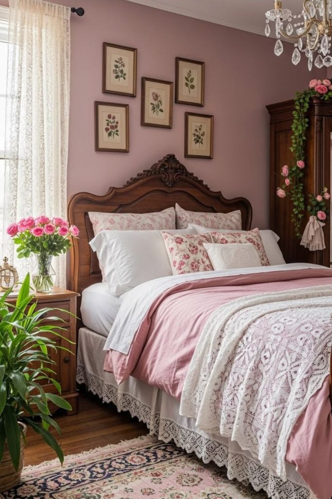 Vintage rose bedroom with floral wallpaper