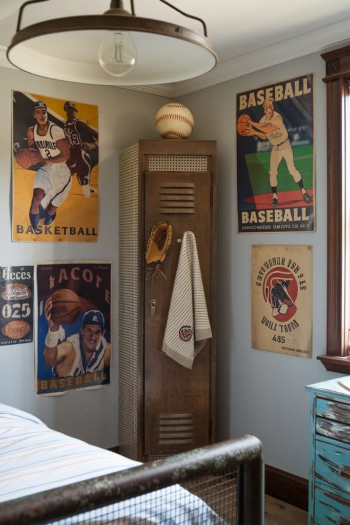 Vintage sports-themed college dorm bedroom.