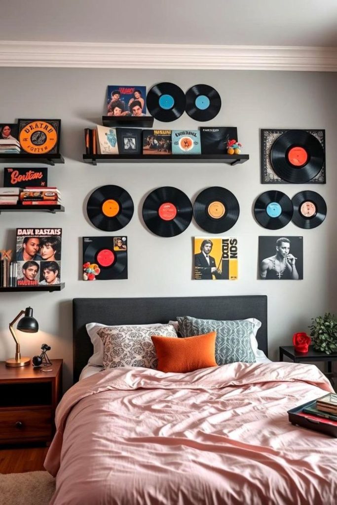 Vintage vinyl inspired cozy teen bedroom.