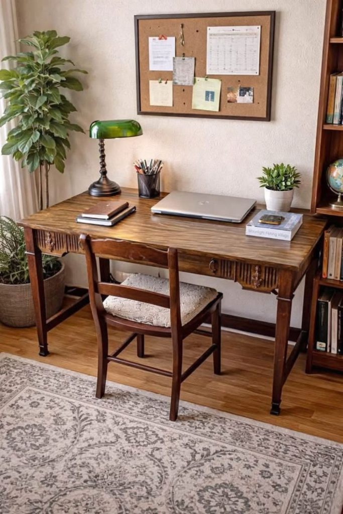 Vintage wooden writing desk with lamp.