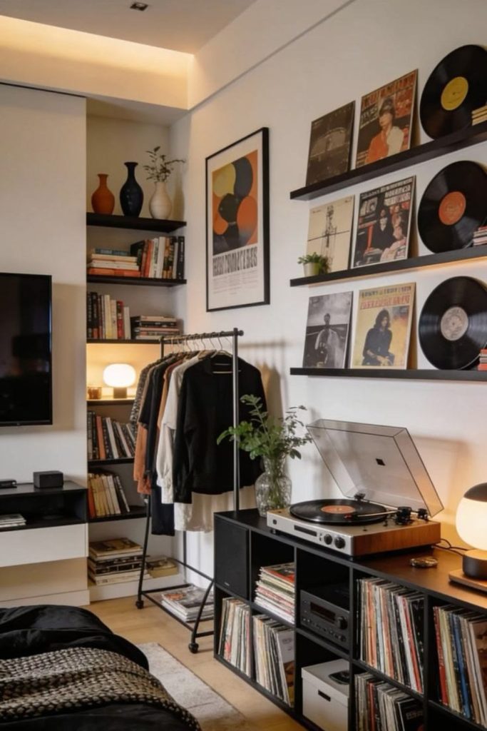 Vinyl record-themed dorm room decor.