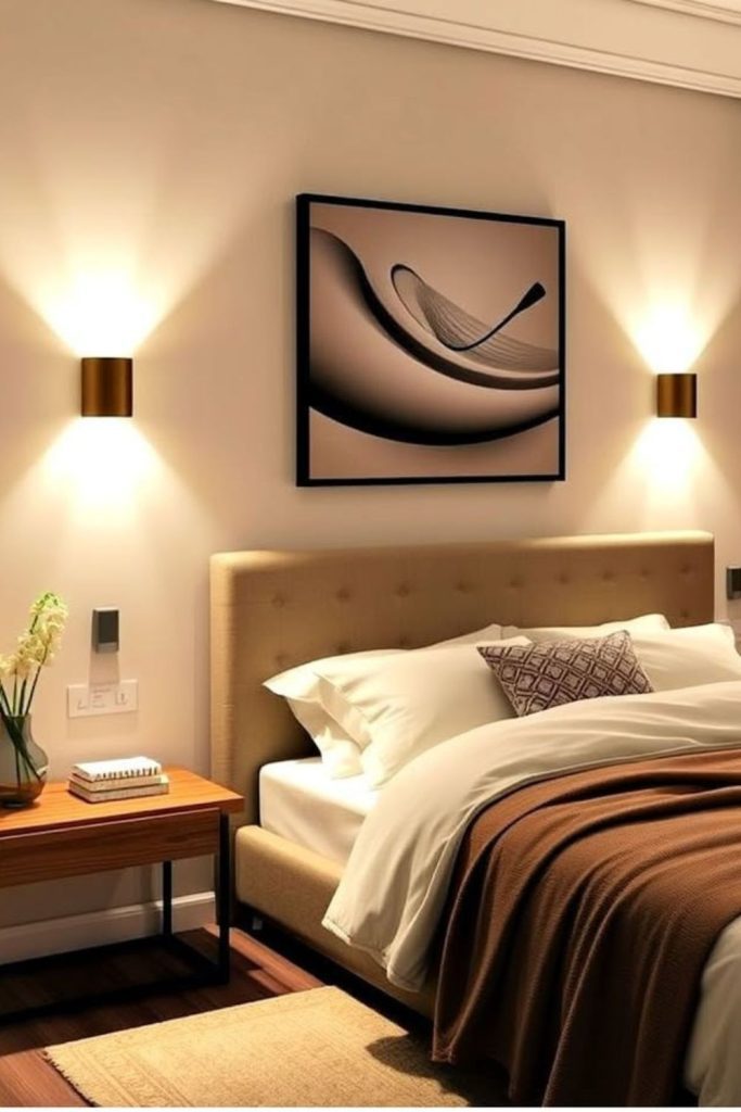 Modern wall sconces beside cozy bed.