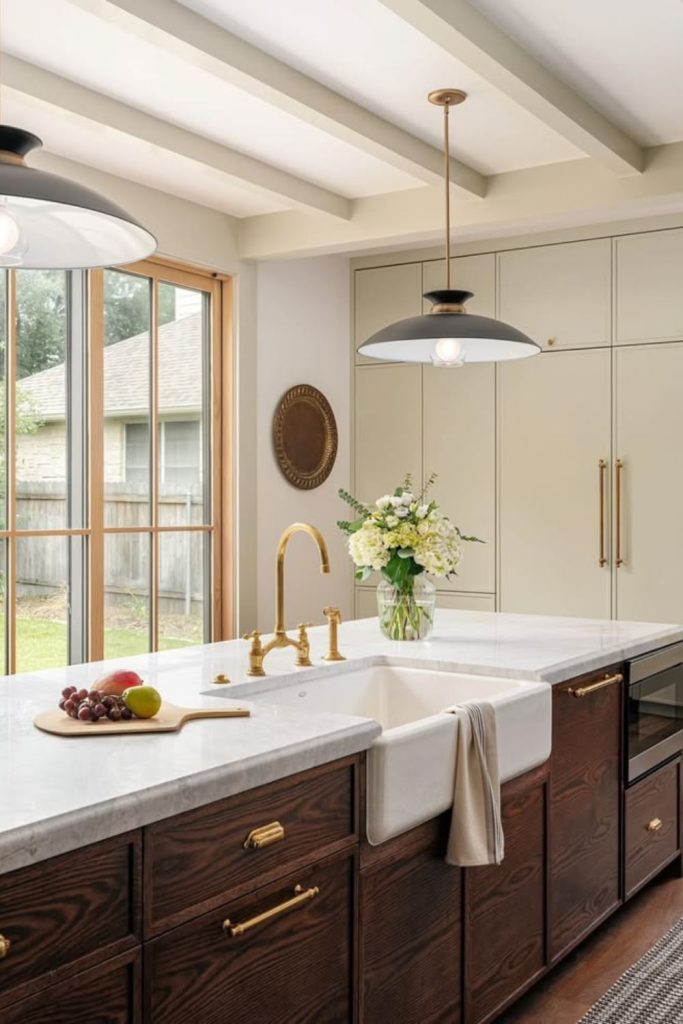 Walnut kitchen island with stainless sink.