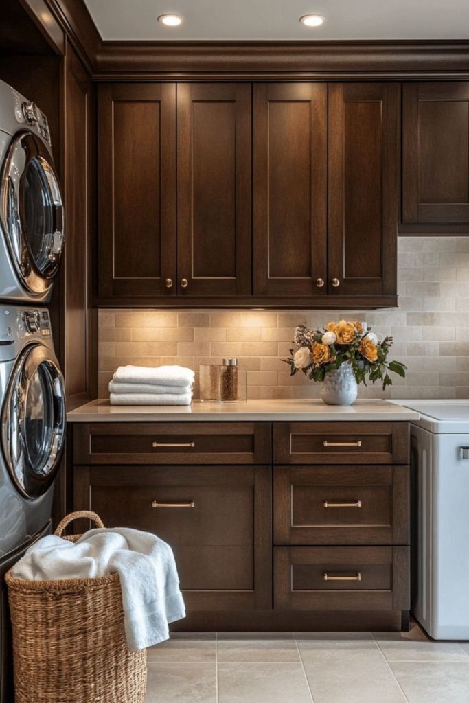 Rich walnut laundry room cabinets.