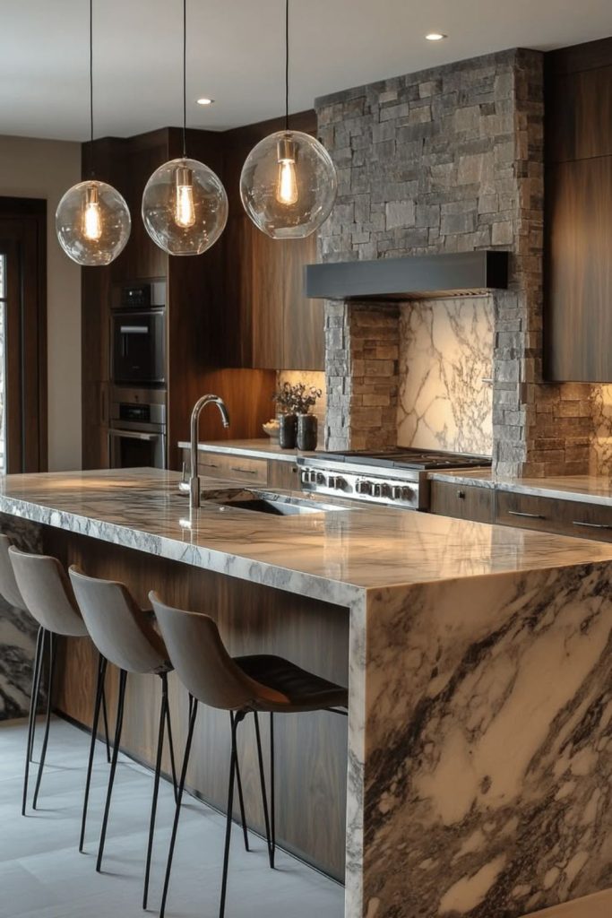 Walnut waterfall kitchen island with storage.
