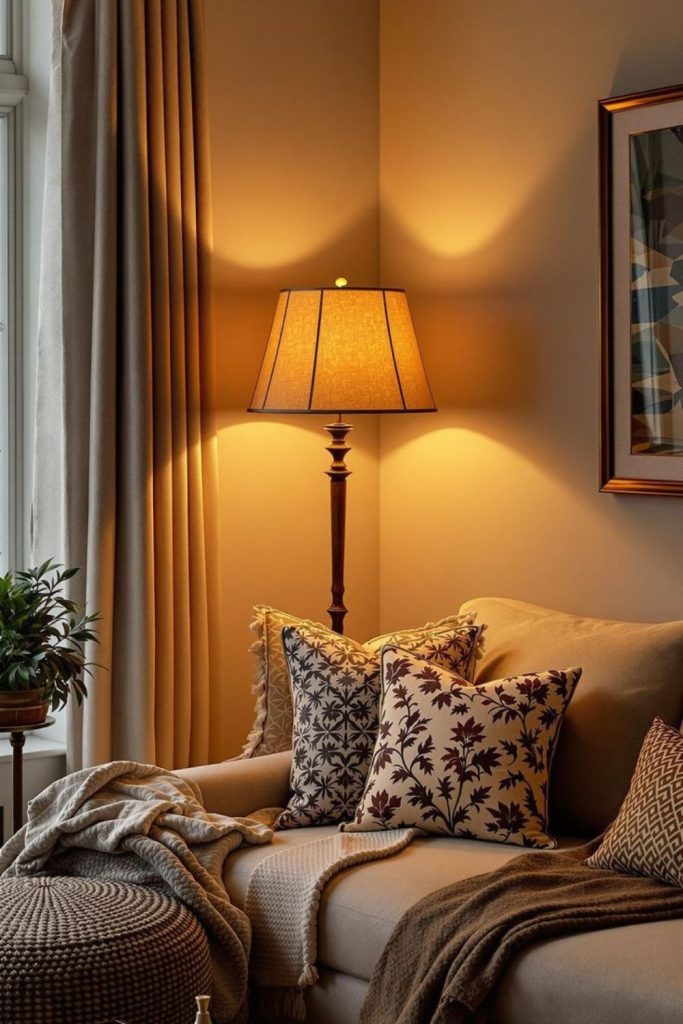 Warm floor lamp illuminating cozy corner.