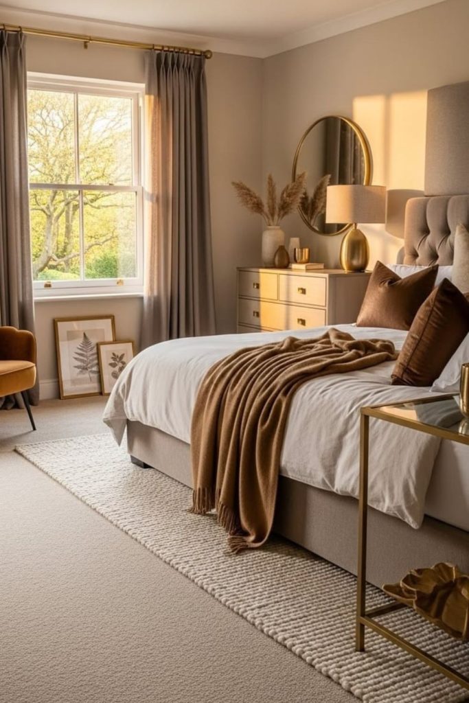 Warm beige carpet in cozy bedroom.