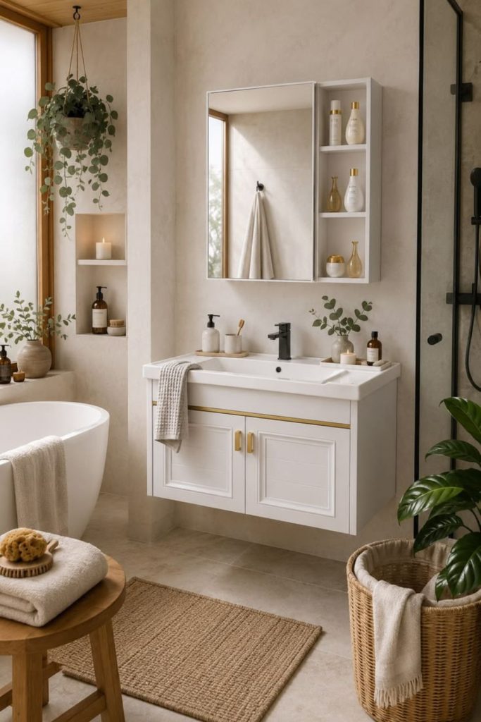Warm minimalist compact bathroom retreat.