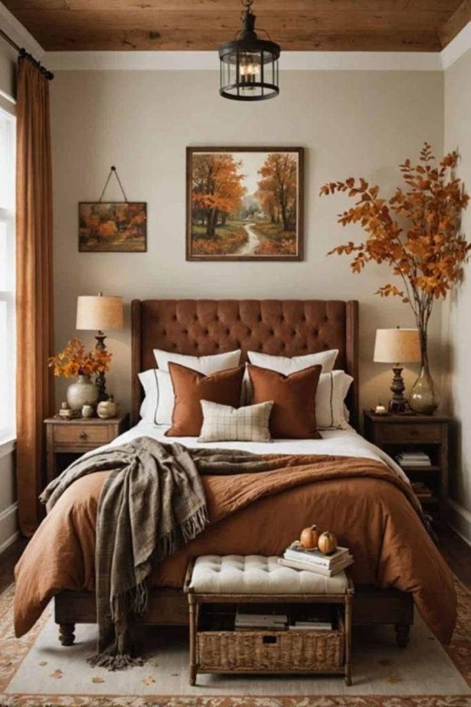 Modern farmhouse autumn bedroom decor.