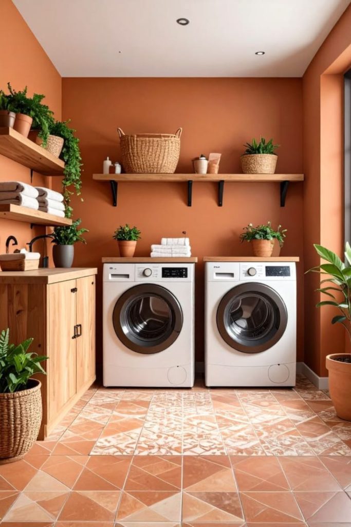 Terracotta laundry room cabinet design.