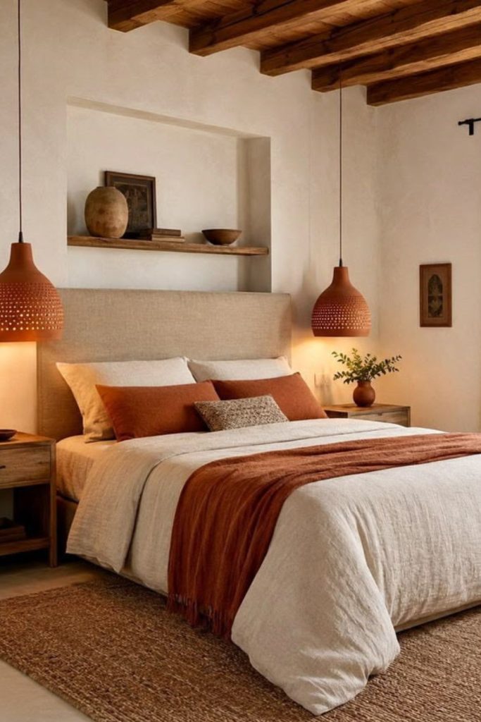 Warm terracotta bedding with woven throw.