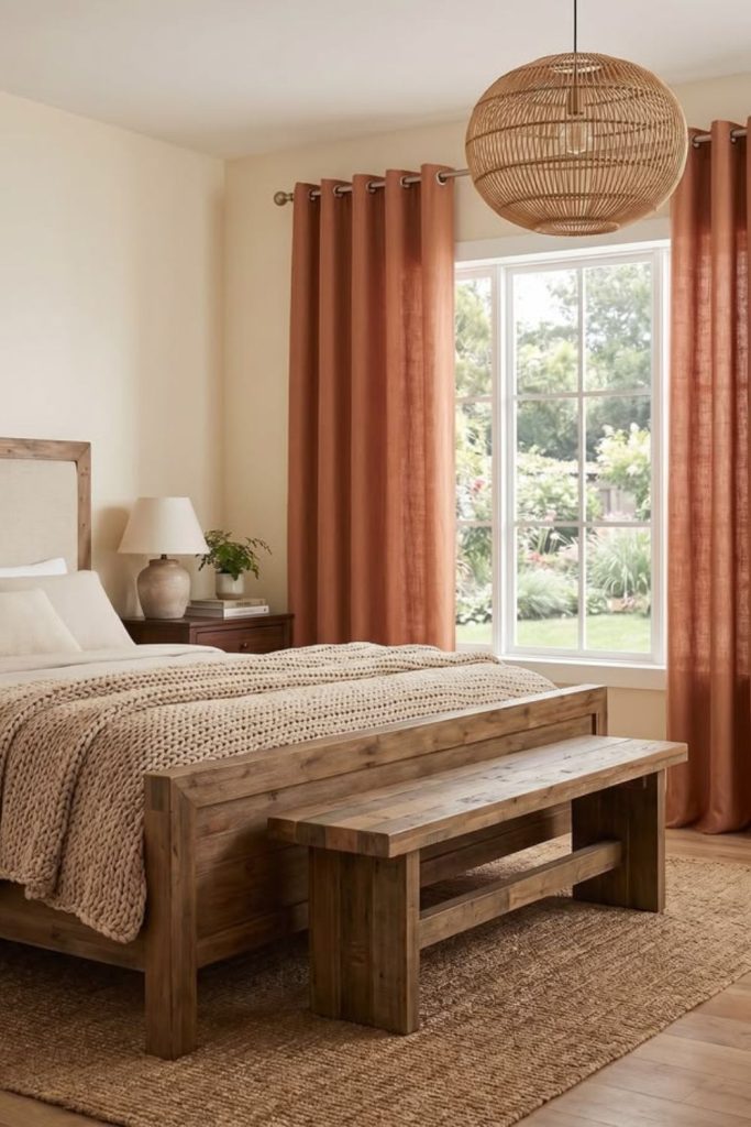 Terracotta curtains with woven bamboo blinds.