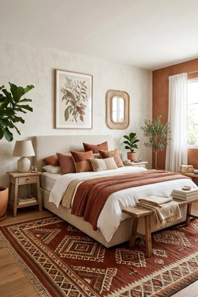 Terracotta bedroom with earthy cozy styling.