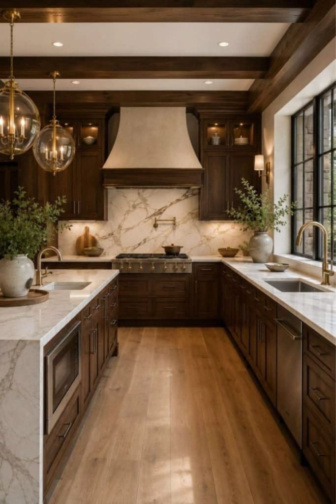 Warm walnut kitchen island with seating.