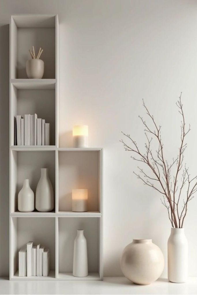 White ceramic décor on floating shelves.