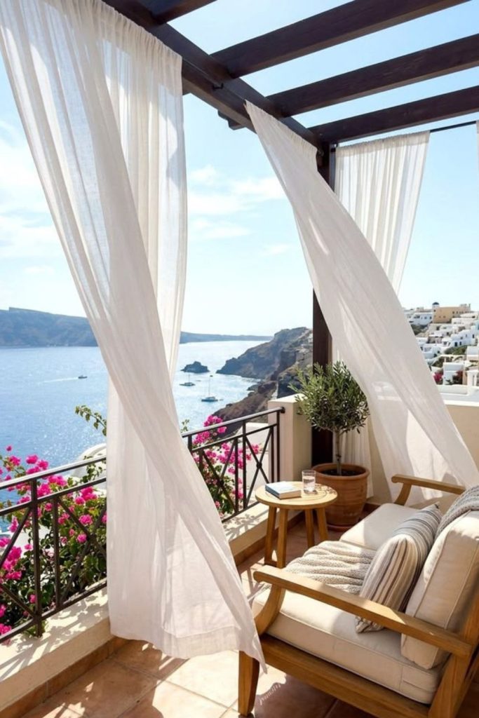 White linen bedroom balcony retreat design.