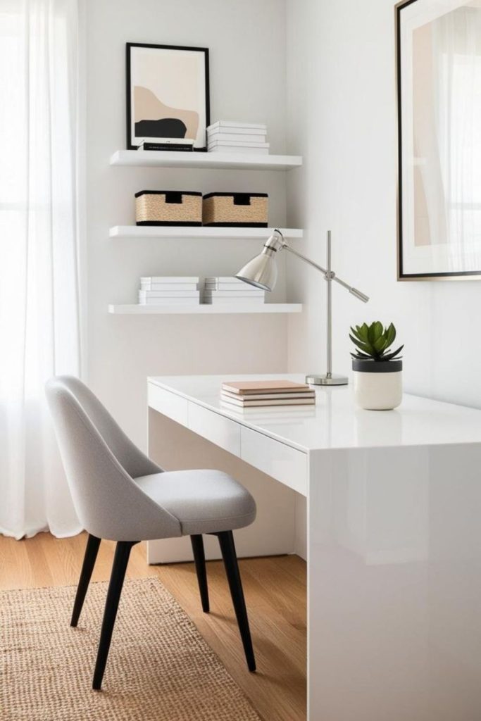 White minimalist bedroom desk with storage.